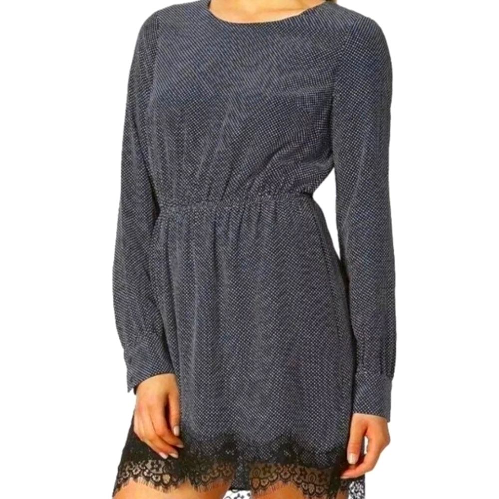 Avec Les Filles Whimsigoth Medium Dress Lace Polka Dot Navy Bishop Sleeve